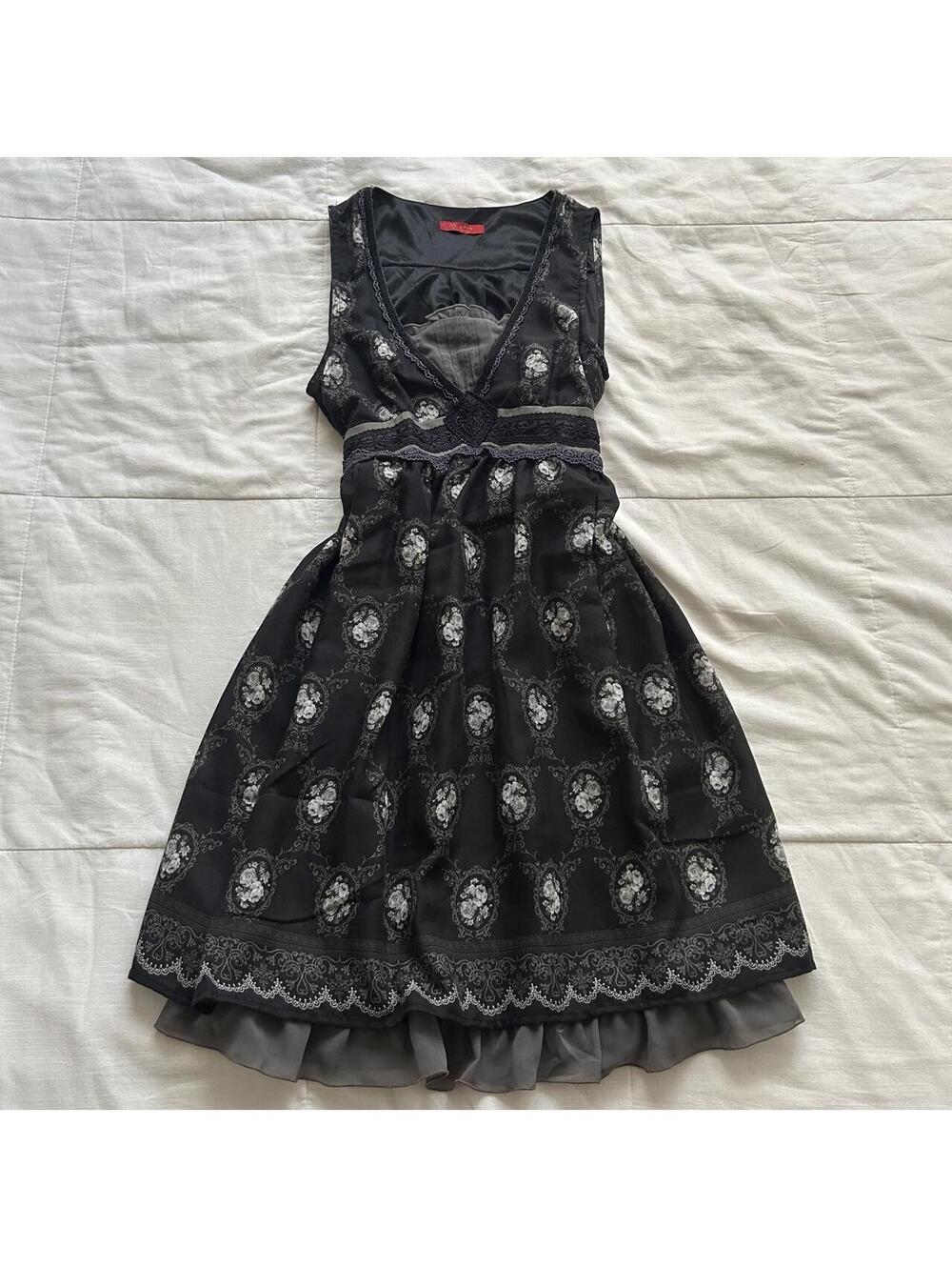 Axes Femme Black Rose Cameo Print Lace Empire Waist Dress Medium Japan
